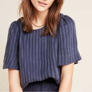 The Odells Navy Striped Short Sleeve Pullover Blouse Anthropolgie Size Small